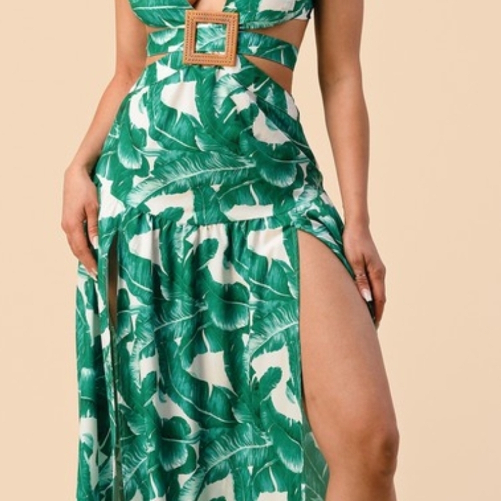 Tropical Green Leaf Print Dress
